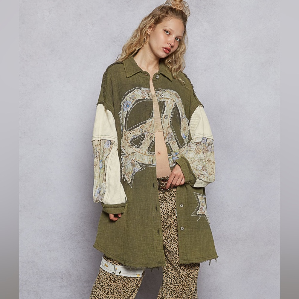 POL peace star patchwork shackets lightweight but… - image 1